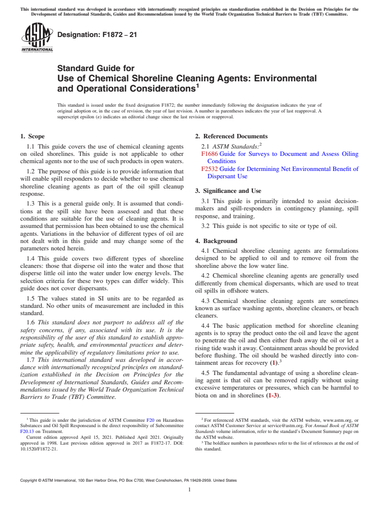 ASTM F1872-21 - Standard Guide for  Use of Chemical Shoreline Cleaning Agents: Environmental and  Operational Considerations
