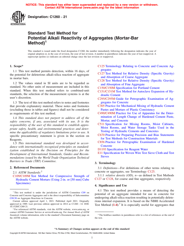 ASTM C1260-21 - Standard Test Method for  Potential Alkali Reactivity of Aggregates (Mortar-Bar Method)