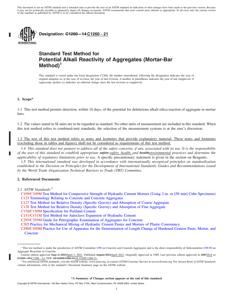 REDLINE ASTM C1260-21 - Standard Test Method for  Potential Alkali Reactivity of Aggregates (Mortar-Bar Method)