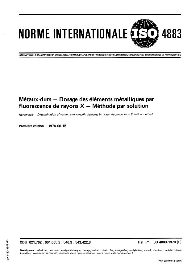 ISO 4883:1978 - Métaux-durs -- Dosage des éléments métalliques par fluorescence de rayons X -- Méthode par solution
