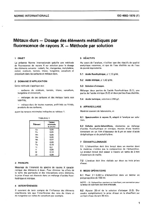 ISO 4883:1978 - Métaux-durs -- Dosage des éléments métalliques par fluorescence de rayons X -- Méthode par solution