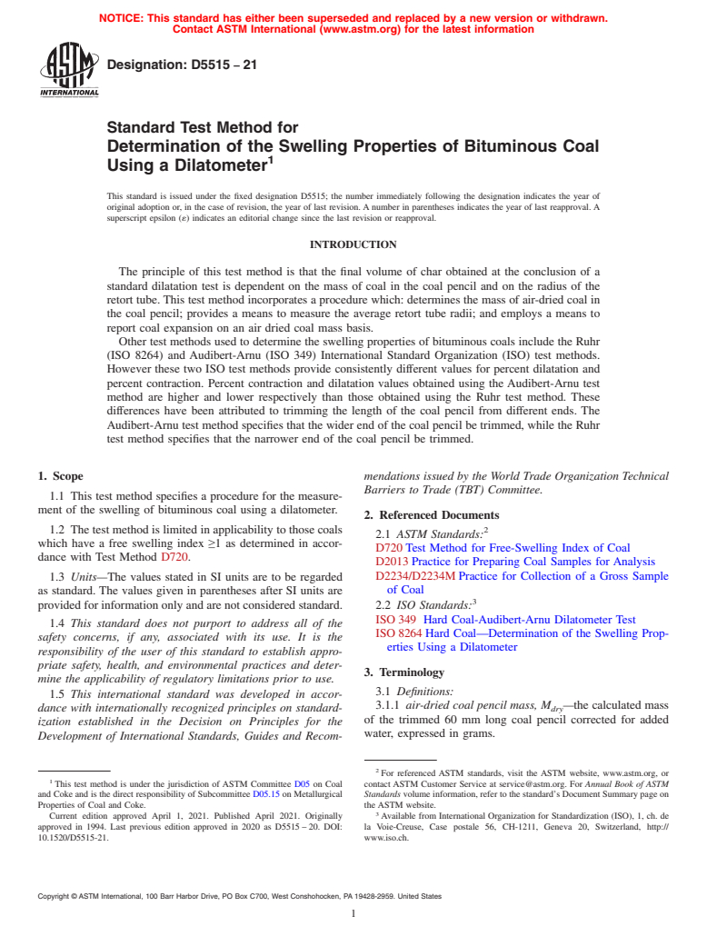 ASTM D5515-21 - Standard Test Method for  Determination of the Swelling Properties of Bituminous Coal  Using a Dilatometer