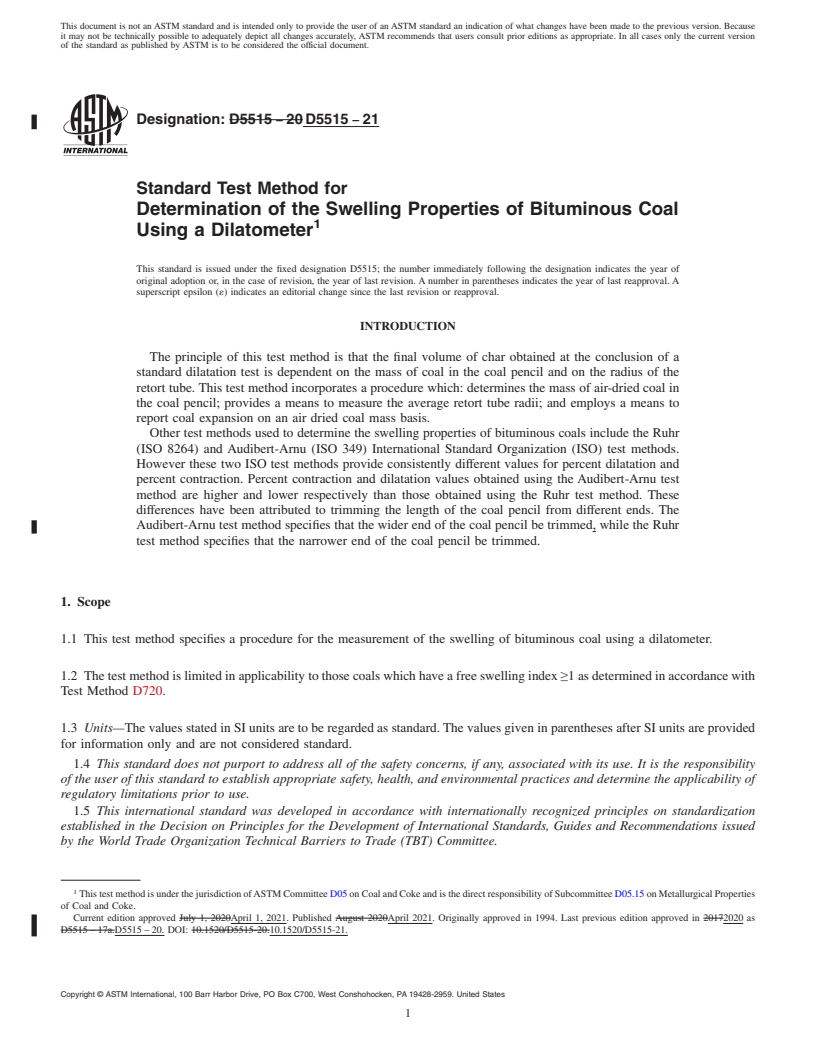 REDLINE ASTM D5515-21 - Standard Test Method for  Determination of the Swelling Properties of Bituminous Coal  Using a Dilatometer