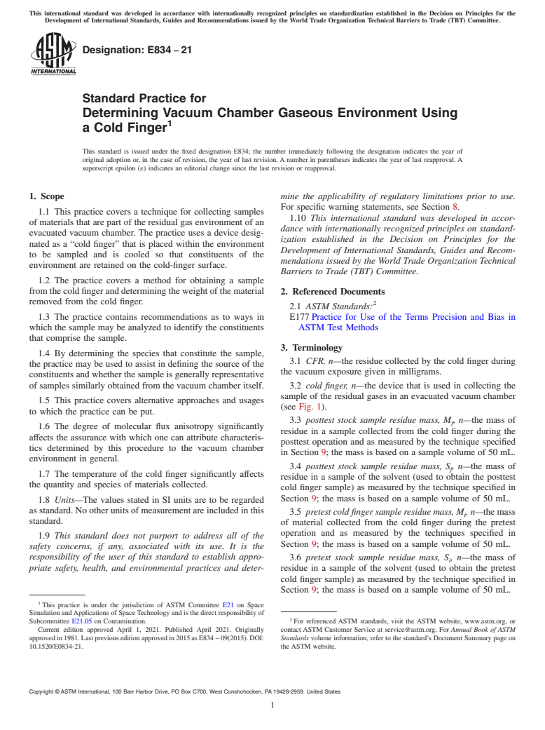 ASTM E834-21 - Standard Practice for Determining Vacuum Chamber Gaseous Environment Using a Cold  Finger