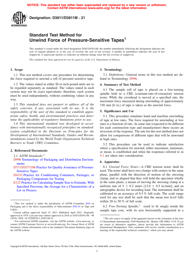 ASTM D3811/D3811M-21 - Standard Test Method for  Unwind Force of Pressure-Sensitive Tapes