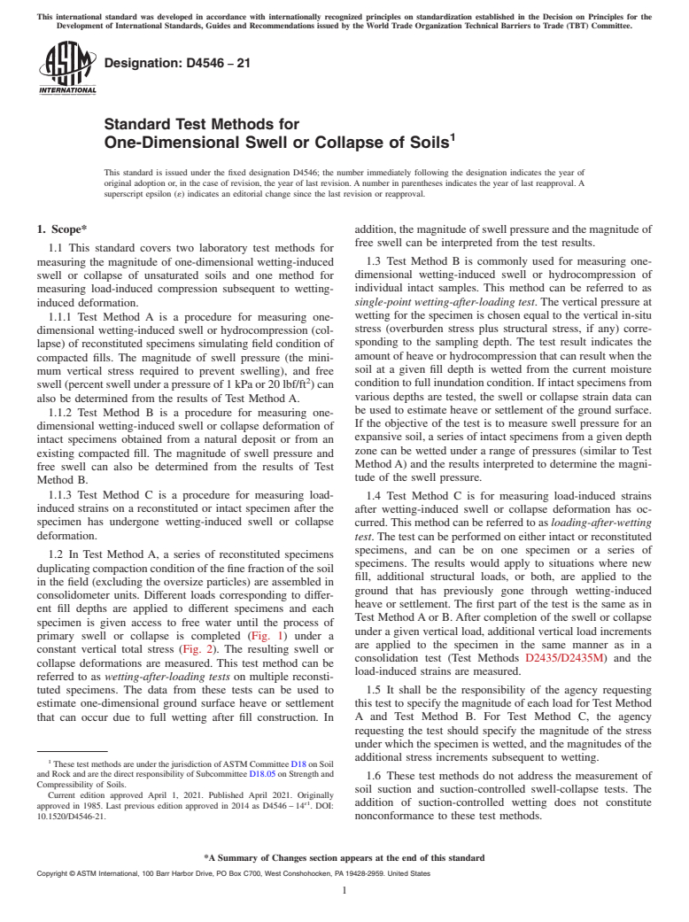 ASTM D4546-21 - Standard Test Methods for  One-Dimensional Swell or Collapse of Soils