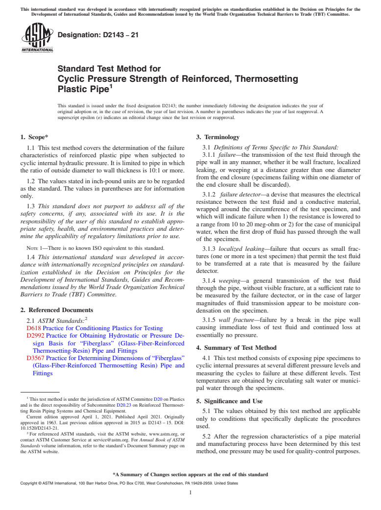 ASTM D2143-21 - Standard Test Method for  Cyclic Pressure Strength of Reinforced, Thermosetting Plastic  Pipe