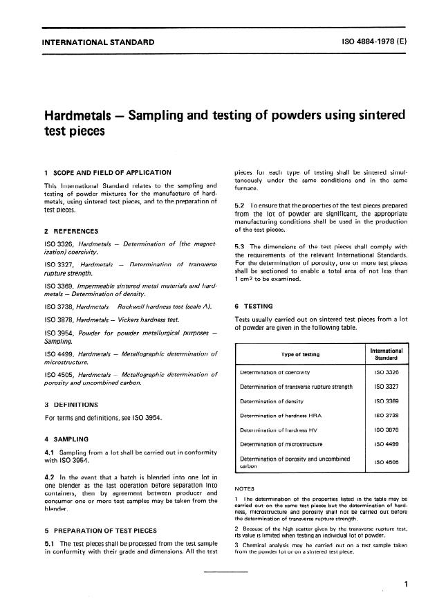 ISO 4884:1978 - Hardmetals -- Sampling and testing of powders using sintered test pieces