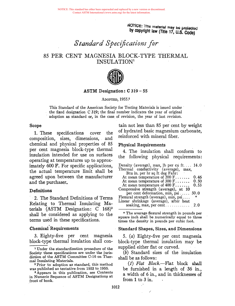 Astm C319-55 - Specification For 85 Percent Magnesia Block-type Thermal 