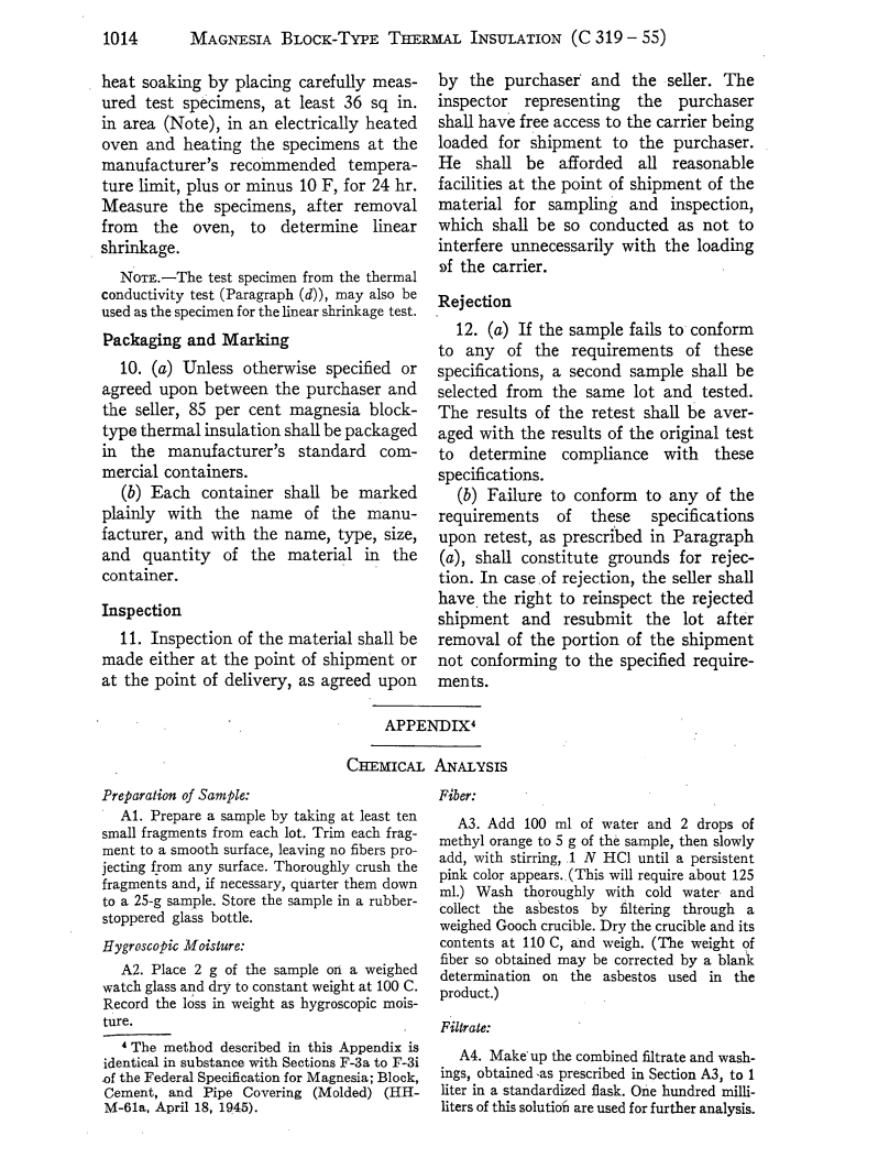 ASTM C319-55 - Specification for 85 Percent Magnesia Block-Type Thermal Insulation (Withdrawn 1962)