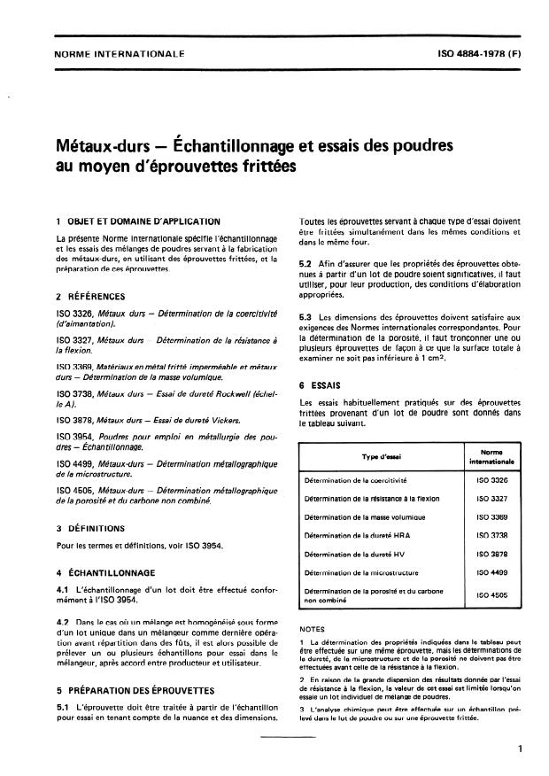 ISO 4884:1978 - Métaux-durs -- Échantillonnage et essais des poudres au moyen d'éprouvettes frittées