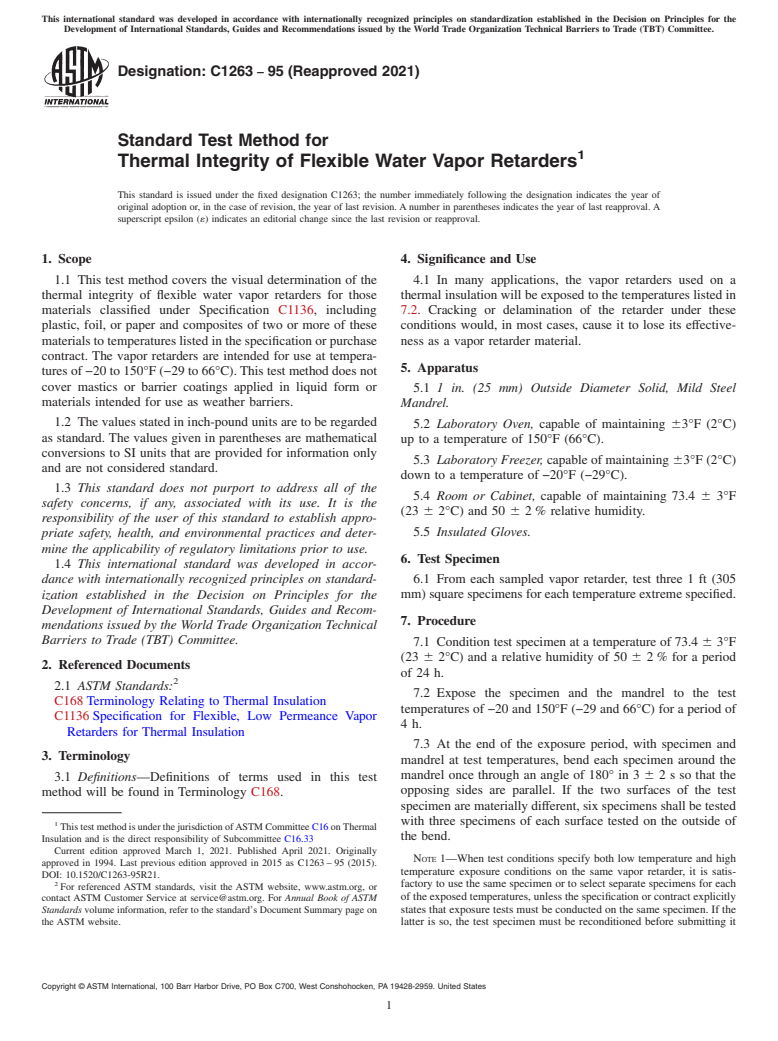 ASTM C1263-95(2021) - Standard Test Method for Thermal Integrity of Flexible Water Vapor Retarders