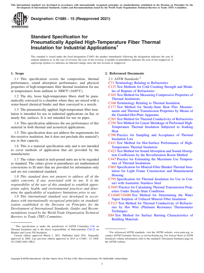 ASTM C1685-15(2021) - Standard Specification for Pneumatically Applied High-Temperature Fiber Thermal Insulation  for Industrial Applications