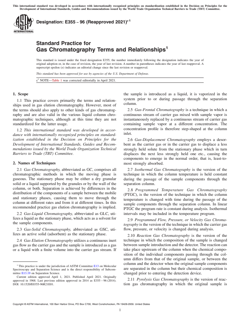 ASTM E355-96(2021)e1 - Standard Practice for Gas Chromatography Terms and Relationships