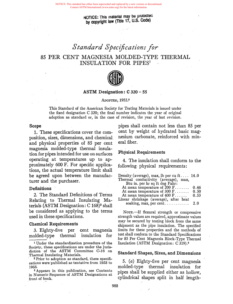 ASTM C320-55 - Specification for 85 Percent Magnesia Thermal Insulation ...