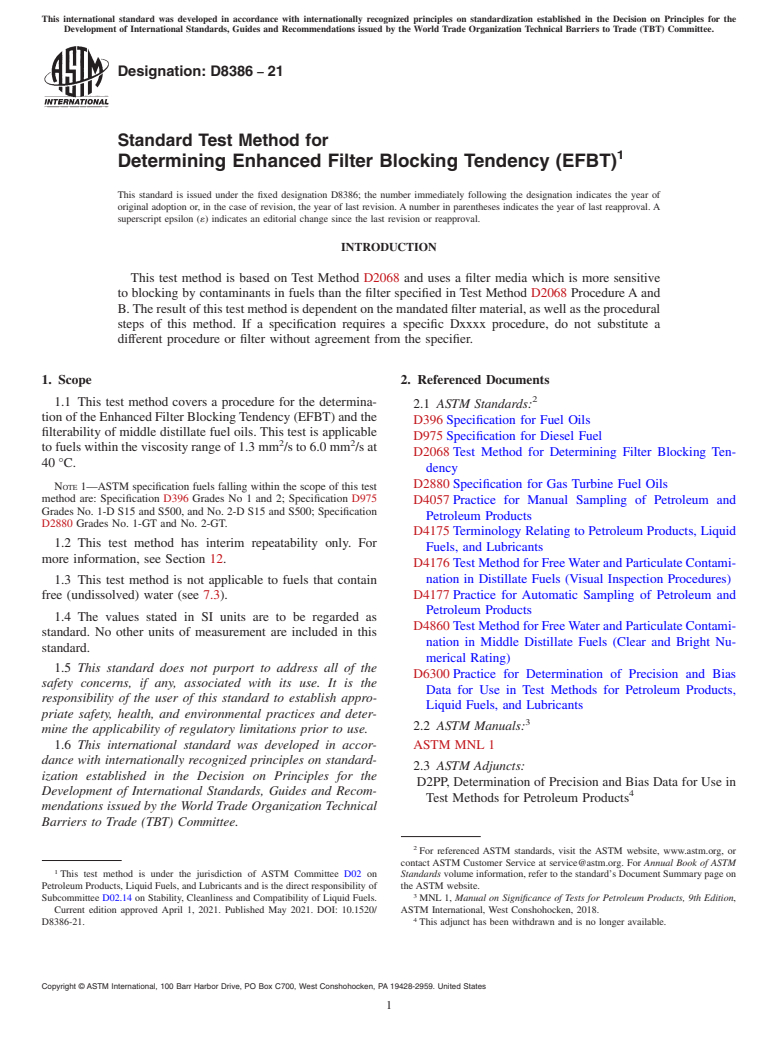 ASTM D8386-21 - Standard Test Method for Determining Enhanced Filter Blocking Tendency (EFBT)