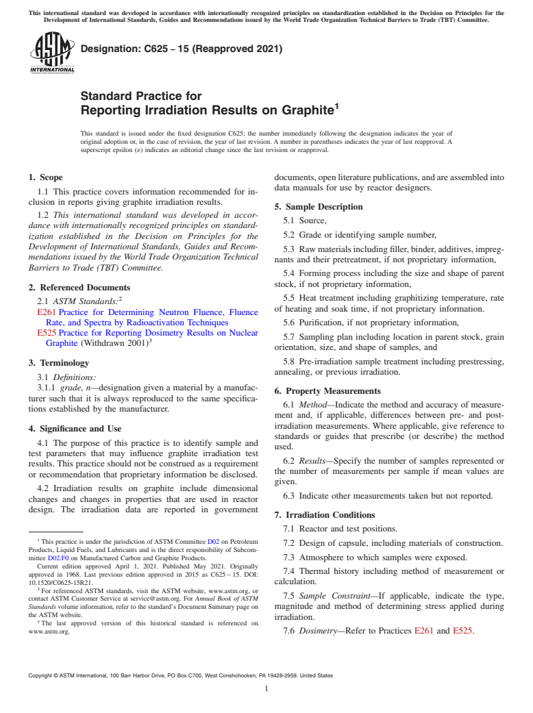 ASTM C625-15(2021) - Standard Practice for  Reporting Irradiation Results on Graphite