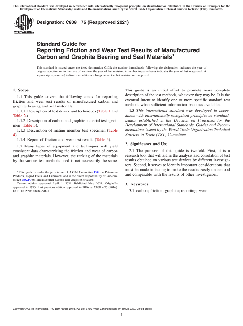 ASTM C808-75(2021) - Standard Guide for  Reporting Friction and Wear Test Results of Manufactured Carbon  and Graphite Bearing and Seal Materials