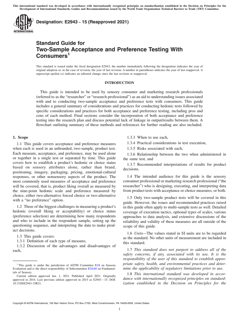 ASTM E2943-15(2021) - Standard Guide for Two-Sample Acceptance and Preference Testing With Consumers