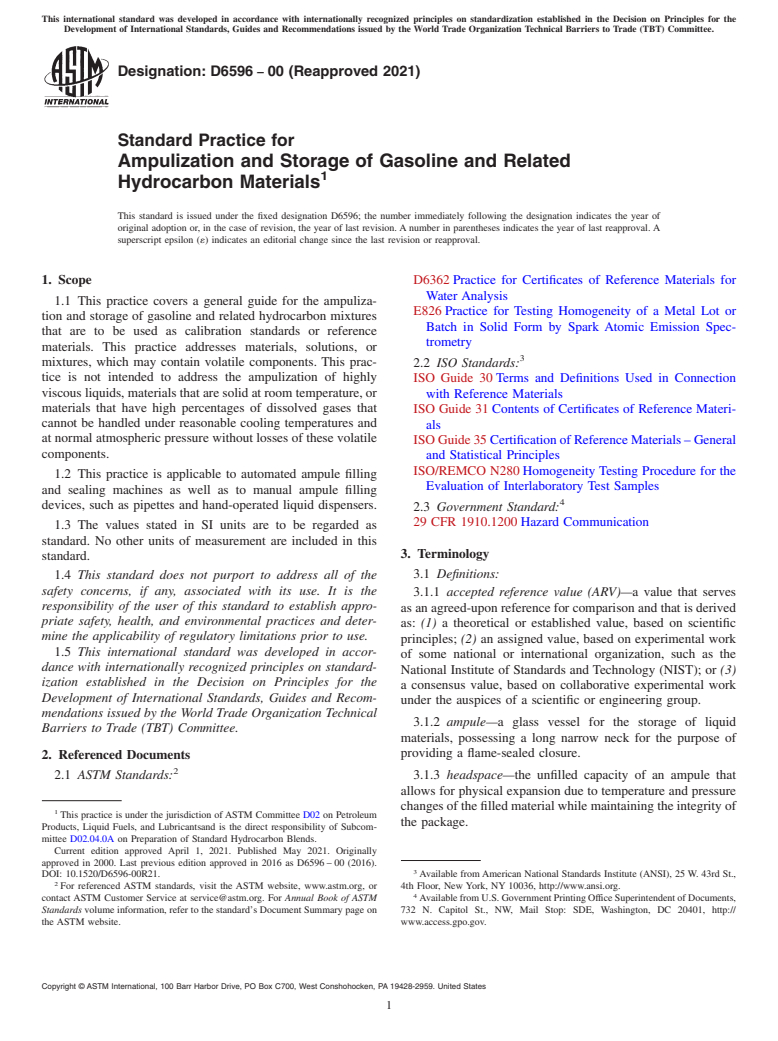 ASTM D6596-00(2021) - Standard Practice for  Ampulization and Storage of Gasoline and Related Hydrocarbon   Materials