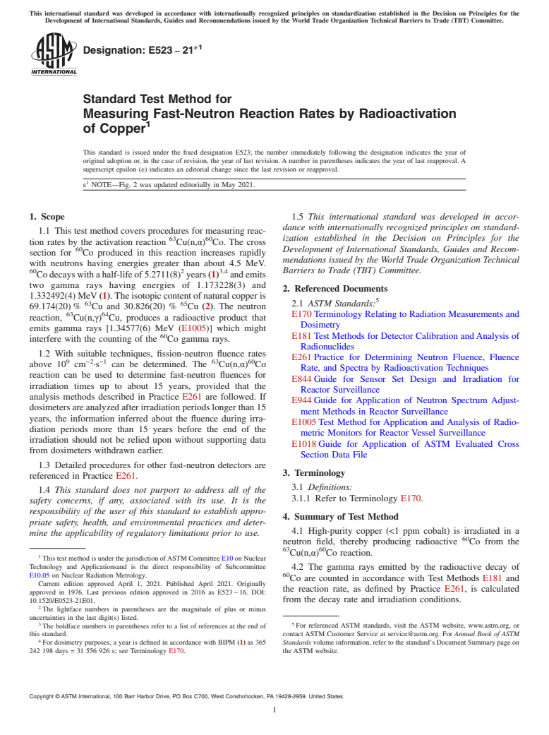 ASTM E523-21e1 - Standard Test Method for  Measuring Fast-Neutron Reaction Rates by Radioactivation of  Copper