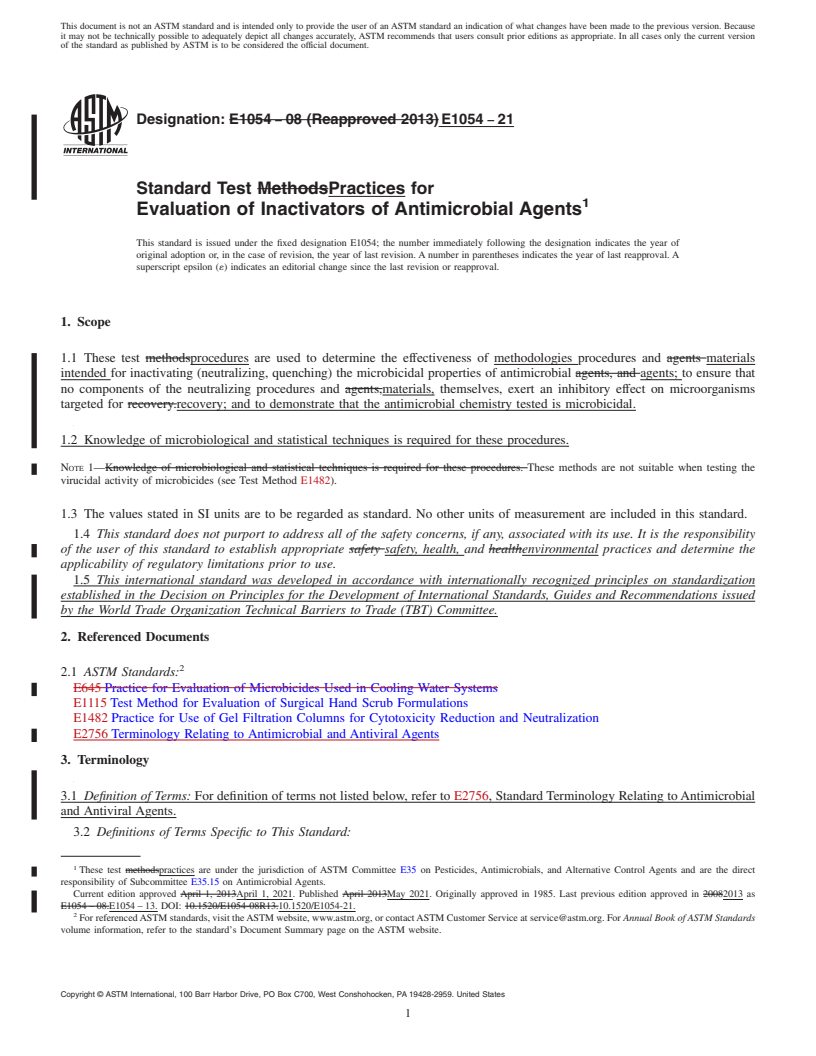 REDLINE ASTM E1054-21 - Standard Test Practices for  Evaluation of Inactivators of Antimicrobial Agents