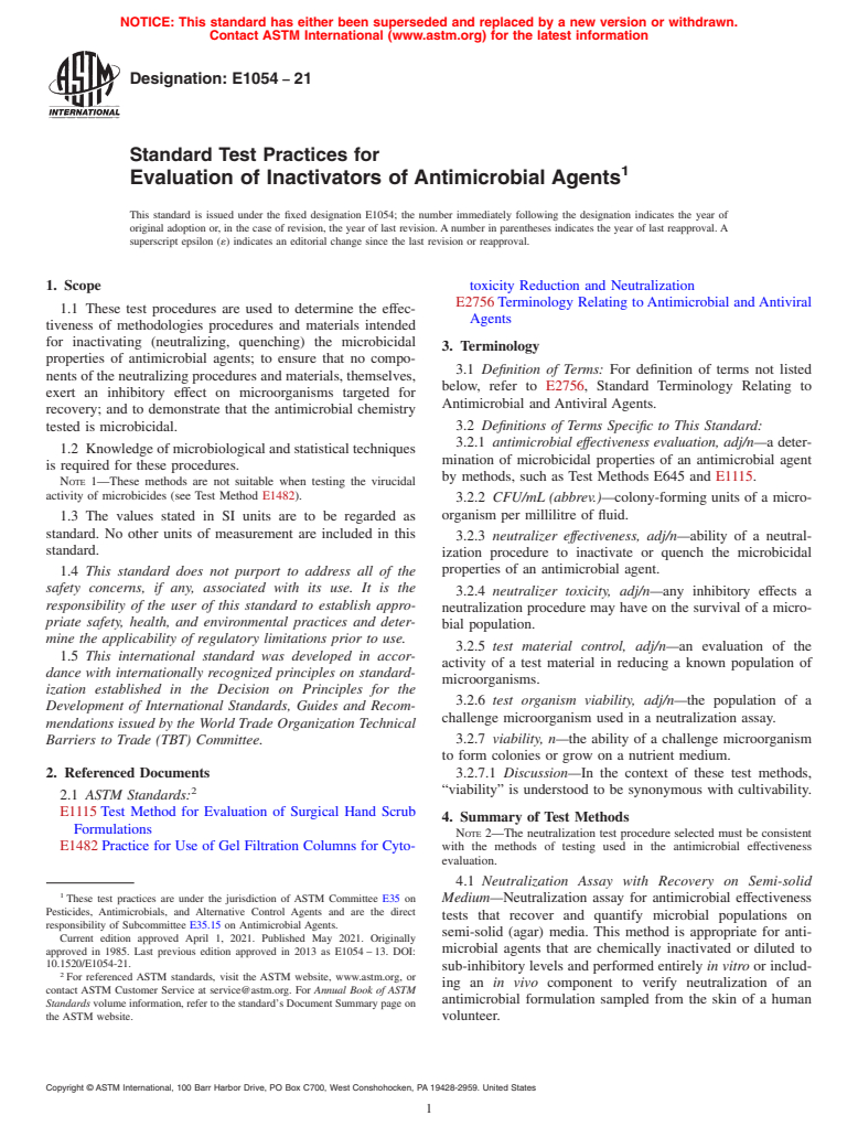 ASTM E1054-21 - Standard Test Practices for  Evaluation of Inactivators of Antimicrobial Agents