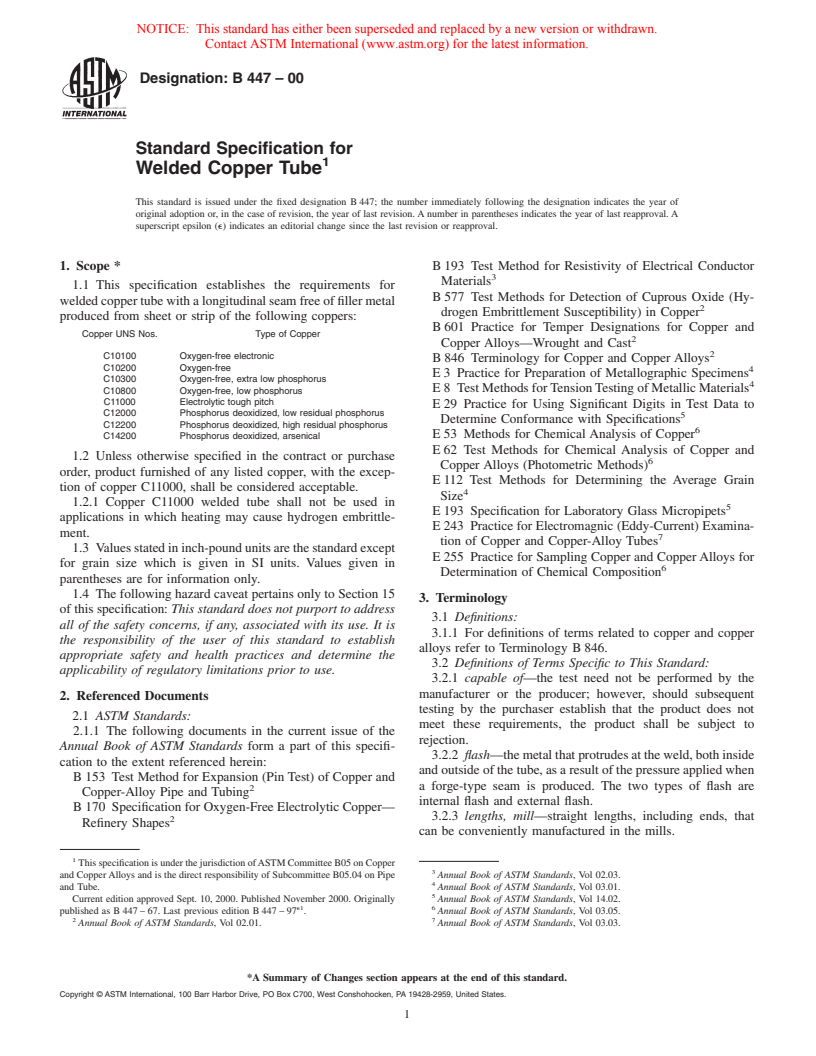 ASTM B447-00 - Standard Specification for Welded Copper Tube