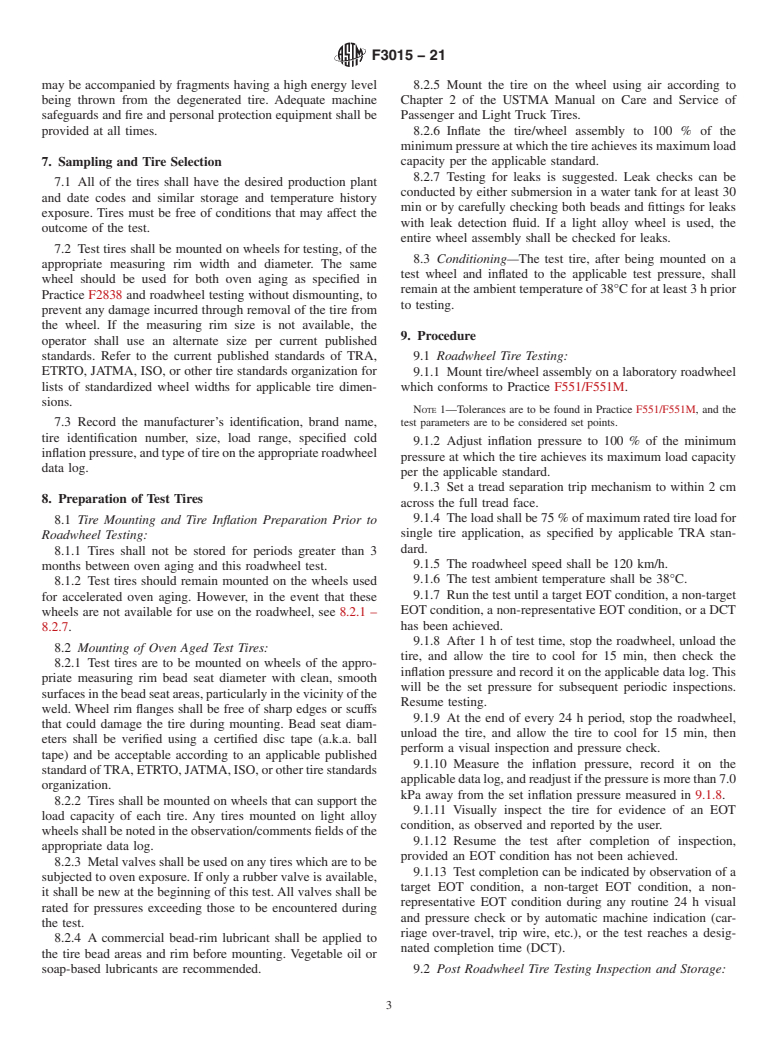 ASTM F3015-21 - Standard Test Method for Accelerated Laboratory Roadwheel Generation of Belt Separation  in Radial Passenger Car and Light Truck Tires through Load Range E