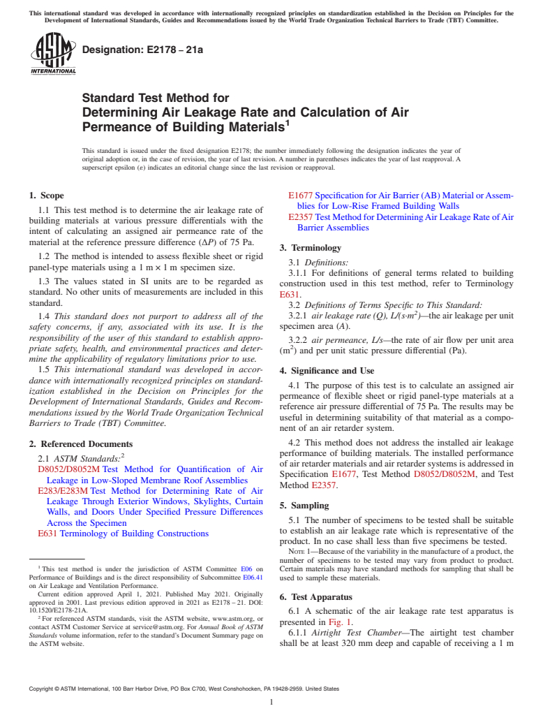 ASTM E2178-21a - Standard Test Method for Determining Air Leakage Rate and Calculation of Air Permeance  of Building Materials