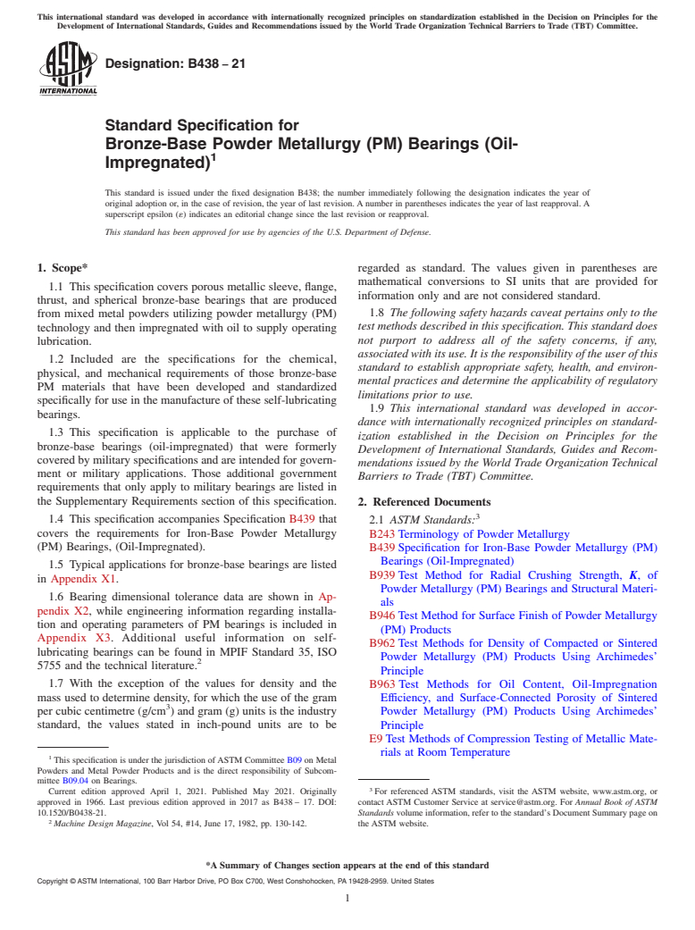 ASTM B438-21 - Standard Specification for Bronze-Base Powder Metallurgy (PM) Bearings (Oil-Impregnated)