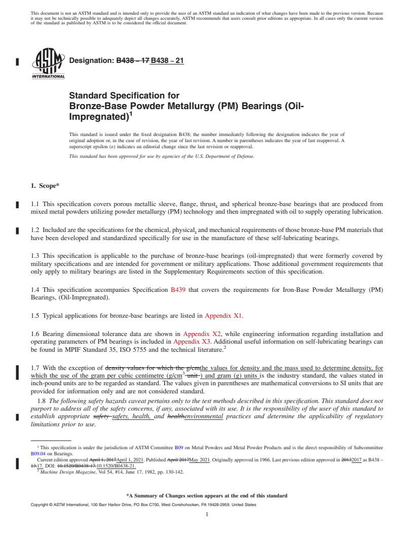 REDLINE ASTM B438-21 - Standard Specification for Bronze-Base Powder Metallurgy (PM) Bearings (Oil-Impregnated)