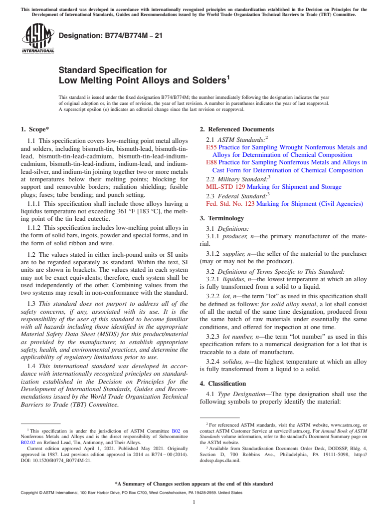 ASTM B774/B774M-21 - Standard Specification for Low Melting Point Alloys and Solders