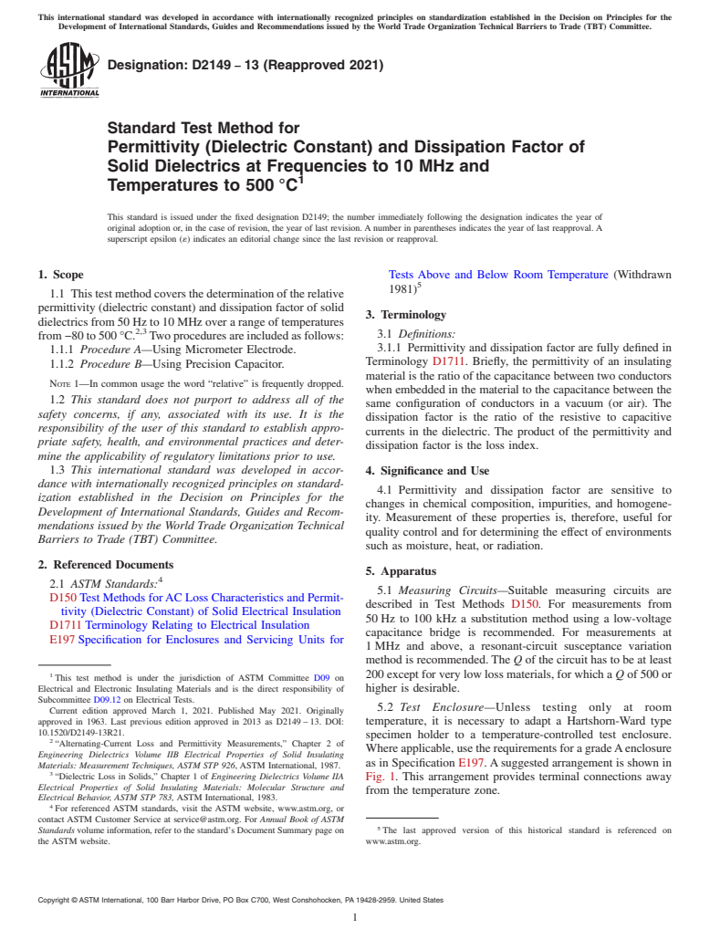 ASTM D2149-13(2021) - Standard Test Method for  Permittivity (Dielectric Constant) and Dissipation Factor of  Solid Dielectrics at Frequencies to 10 MHz and Temperatures to 500 °C