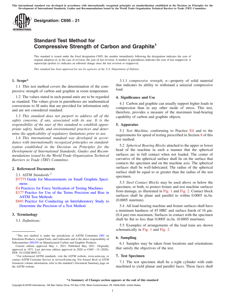 ASTM C695-21 - Standard Test Method for  Compressive Strength of Carbon and Graphite