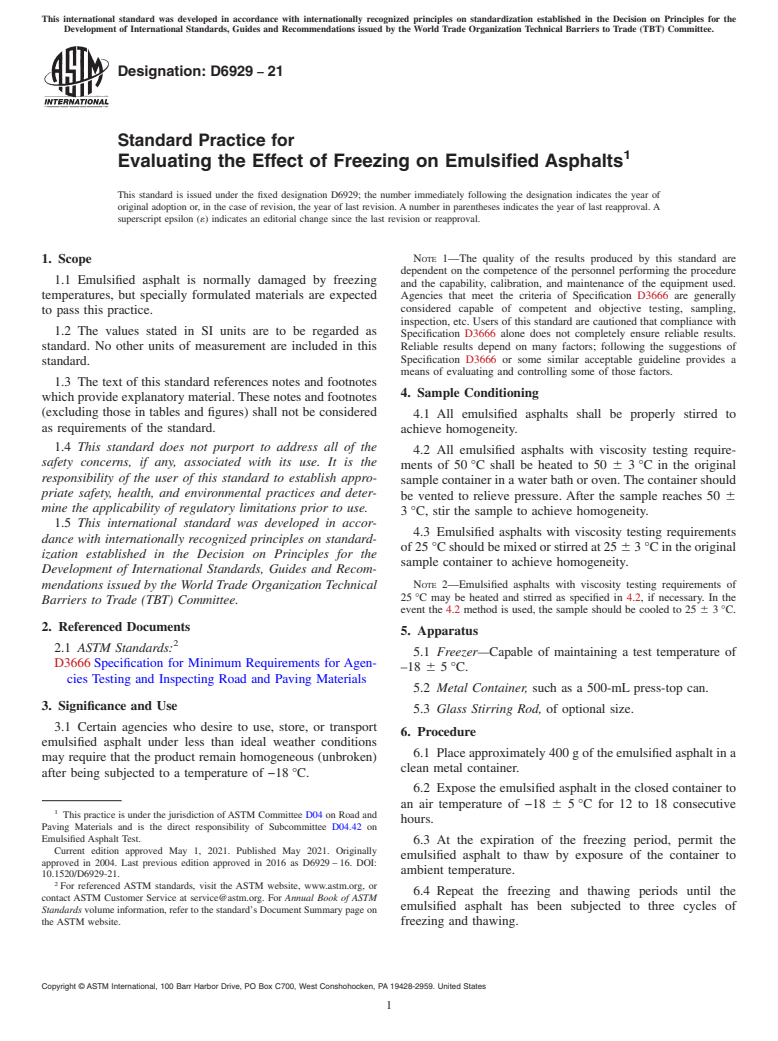 ASTM D6929-21 - Standard Practice for Evaluating the Effect of Freezing on Emulsified Asphalts