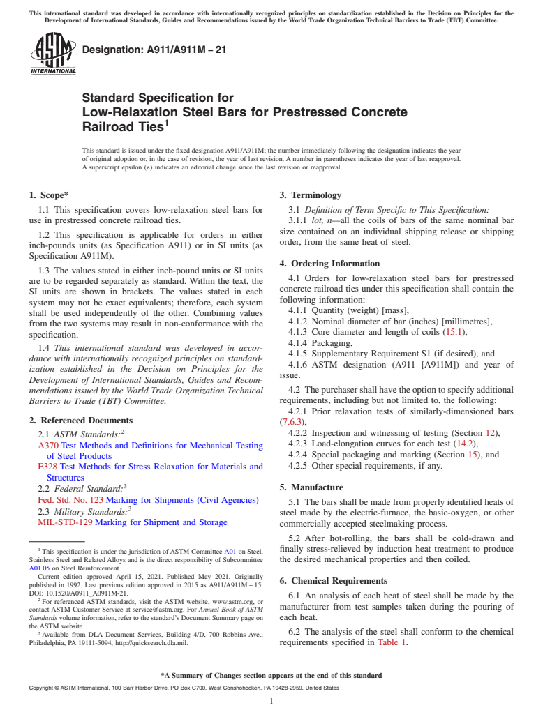 ASTM A911/A911M-21 - Standard Specification for  Low-Relaxation Steel Bars for Prestressed Concrete  Railroad  Ties