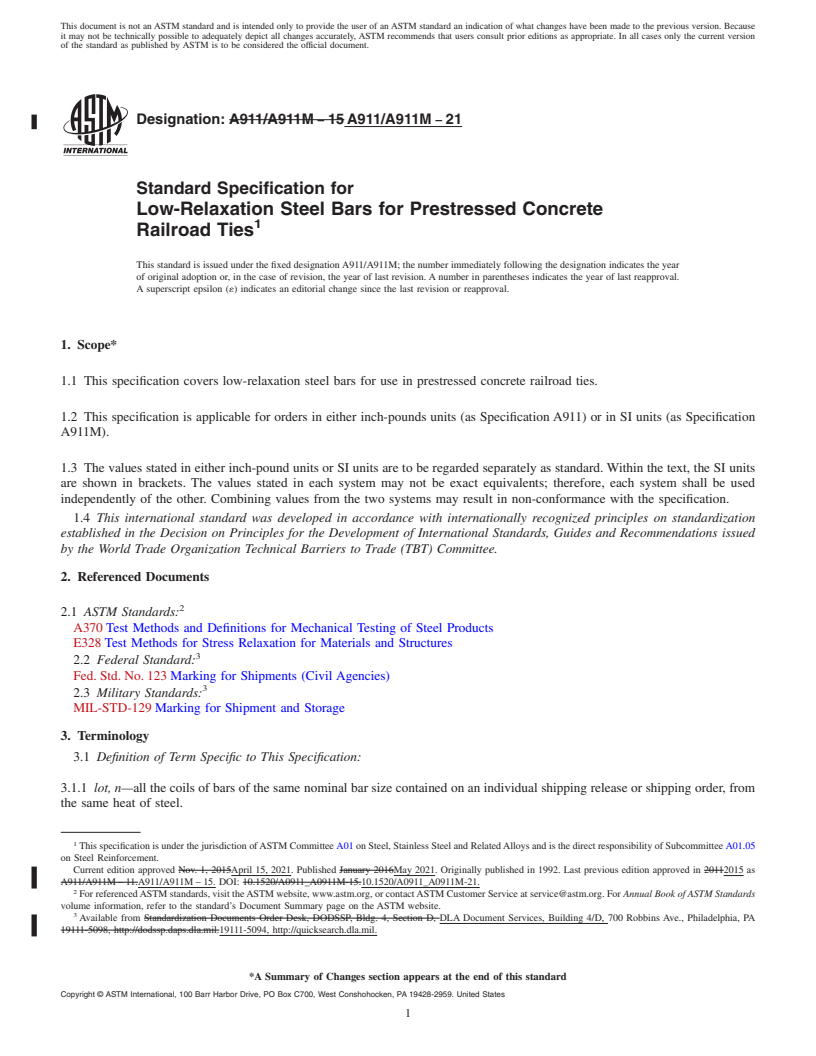 REDLINE ASTM A911/A911M-21 - Standard Specification for  Low-Relaxation Steel Bars for Prestressed Concrete  Railroad  Ties