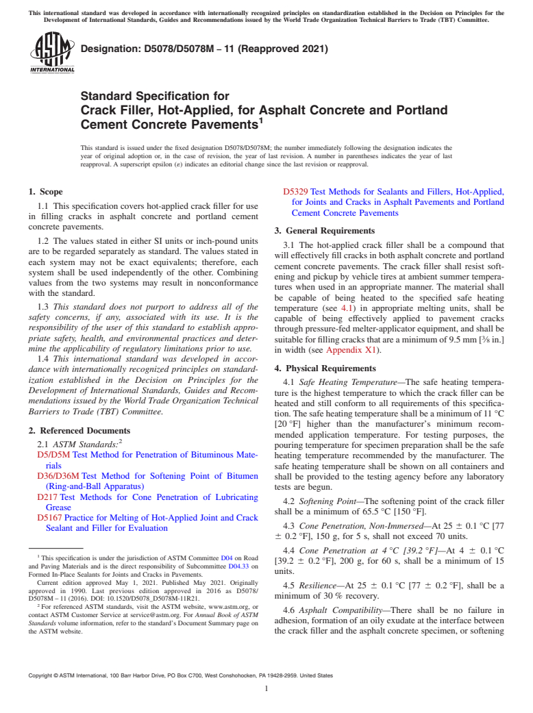 ASTM D5078/D5078M-11(2021) - Standard Specification for Crack Filler, Hot-Applied, for Asphalt Concrete and Portland  Cement Concrete Pavements