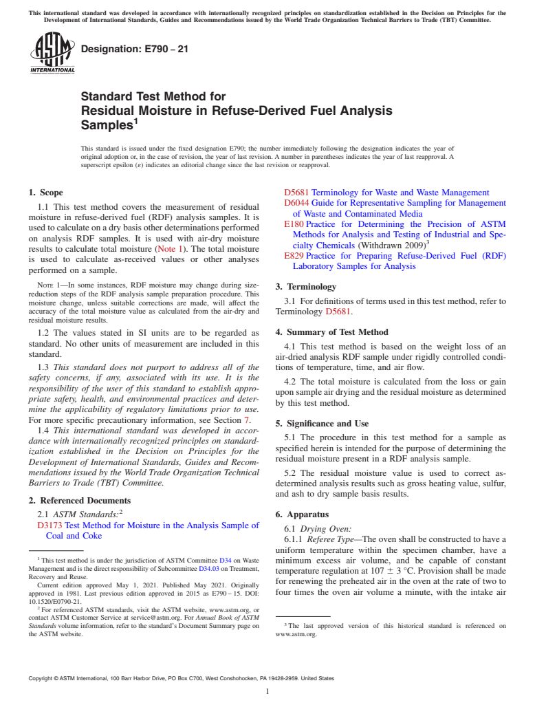 ASTM E790-21 - Standard Test Method for Residual Moisture in Refuse-Derived Fuel Analysis Samples