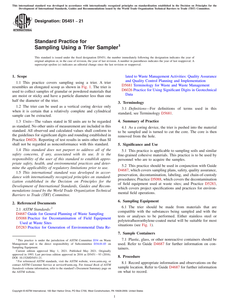 ASTM D5451-21 - Standard Practice for Sampling Using a Trier Sampler