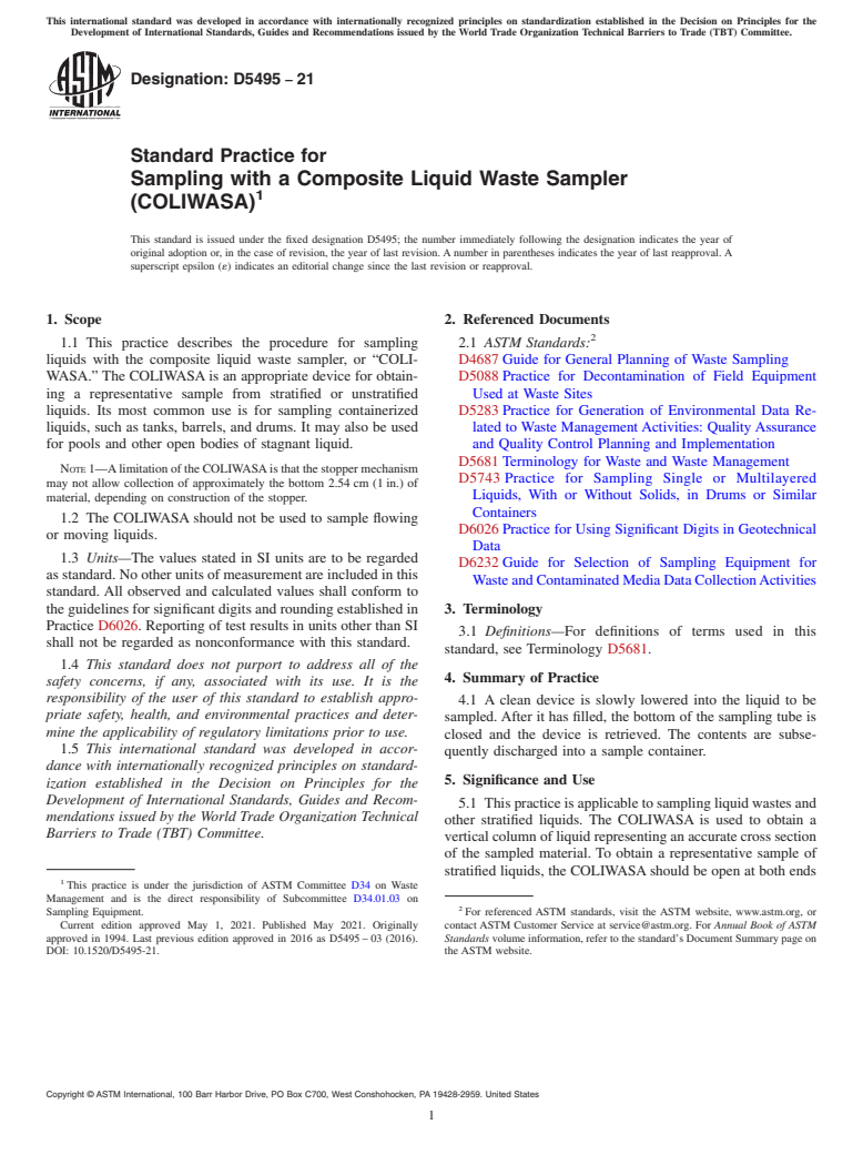 ASTM D5495-21 - Standard Practice for Sampling with a Composite Liquid Waste Sampler (COLIWASA)