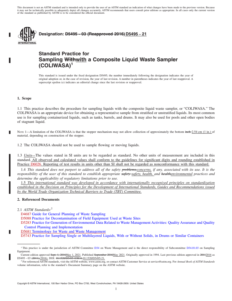 REDLINE ASTM D5495-21 - Standard Practice for Sampling with a Composite Liquid Waste Sampler (COLIWASA)