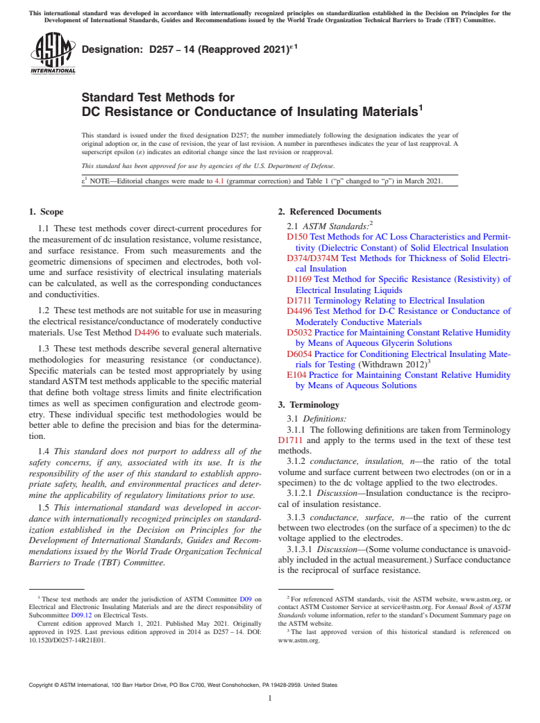 ASTM D257-14(2021)e1 - Standard Test Methods for  DC Resistance or Conductance of Insulating Materials