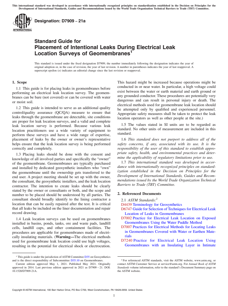 ASTM D7909-21a - Standard Guide for Placement of Intentional Leaks During Electrical Leak Location  Surveys of Geomembranes