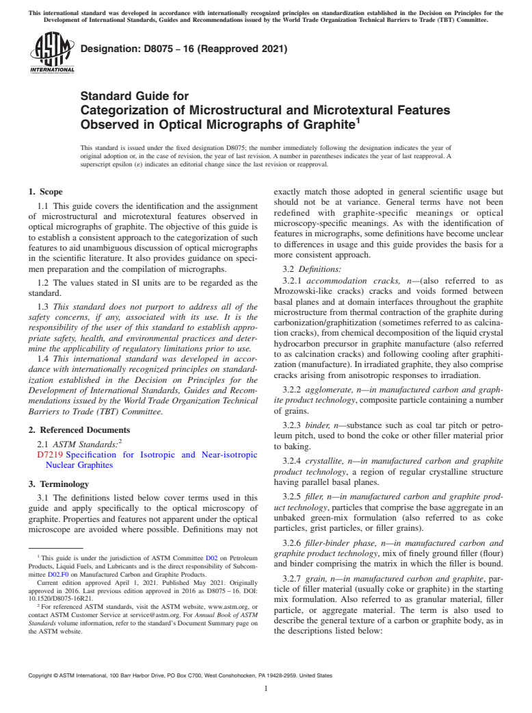 ASTM D8075-16(2021) - Standard Guide for Categorization of Microstructural and Microtextural Features  Observed in Optical Micrographs of Graphite