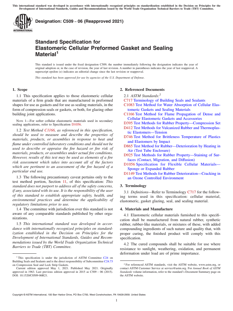 ASTM C509-06(2021) - Standard Specification for  Elastomeric Cellular Preformed Gasket and Sealing<brk/> Material