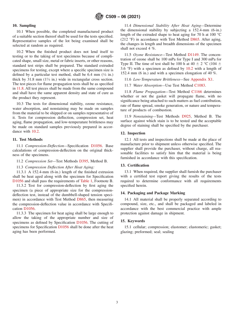 ASTM C509-06(2021) - Standard Specification for  Elastomeric Cellular Preformed Gasket and Sealing<brk/> Material