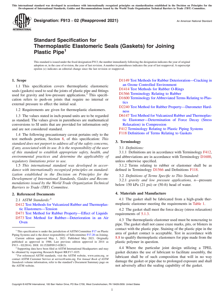 ASTM F913-02(2021) - Standard Specification for Thermoplastic Elastomeric Seals (Gaskets) for Joining<brk/> Plastic   Pipe