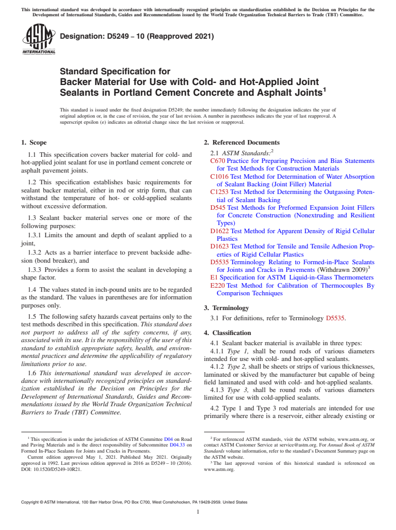 ASTM D5249-10(2021) - Standard Specification for  Backer Material for Use with Cold- and Hot-Applied Joint Sealants  in Portland Cement Concrete and Asphalt Joints